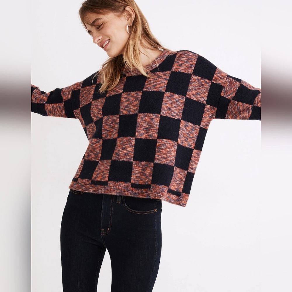 Madewell Checkered Cotton Blend Chunky Pullover Black and Pink Sweater S
